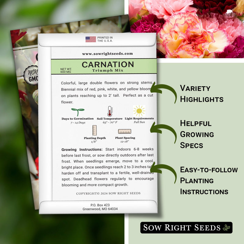 triuimph mix carnation seed packet features variety highlights helpful growing specs easy to follow planting instructions