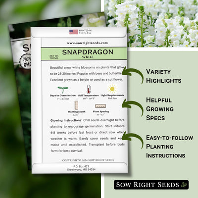 white snapdragon seed packet features variety highlights helpful growing specs easy to follow planting instructions