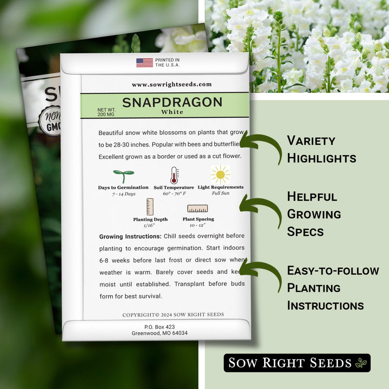 white snapdragon seed packet features variety highlights helpful growing specs easy to follow planting instructions