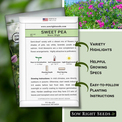 knee high sweet pea seed packet features variety highlights helpful growing specs easy to follow planting instructions