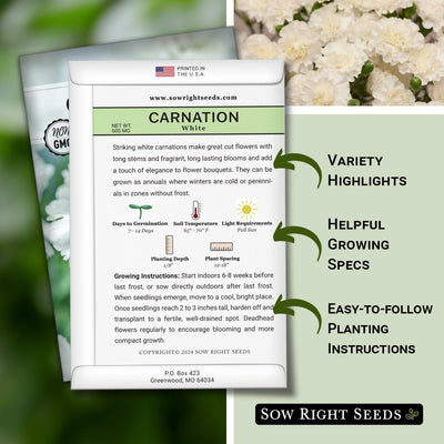 white carnation seed packet features variety highlights helpful growing specs easy to follow planting instructions