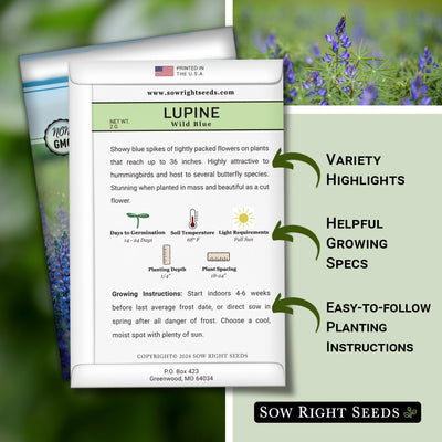 wild blue lupine seed packet features variety highlights helpful growing specs easy to follow planting instructions