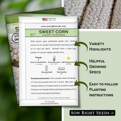 country gentleman sweet corn seed packet features variety highlights helpful growing specs easy to follow planting instructions
