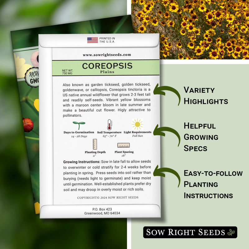plains coreopsis seed packet features variety highlights helpful growing specs easy to follow planting instructions
