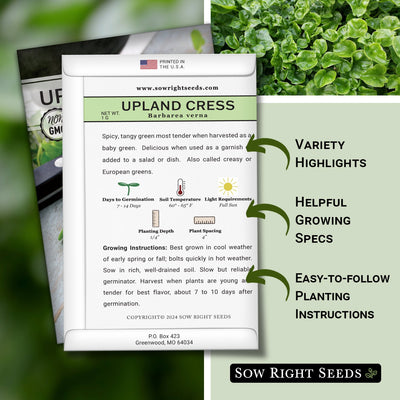 upland cress seed packet features variety highlights helpful growing specs easy to follow planting instructions