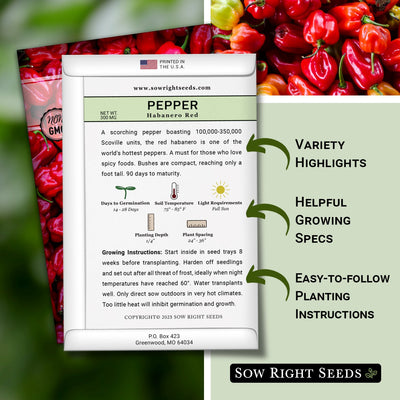 habanero red pepper packet includes variety highlights, helpful growing specs, easy to follow planting instructions