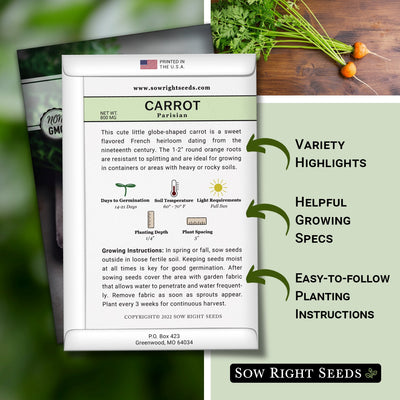 parisian carrot packet includes variety highlights, helpful growing specs, easy to follow planting instructions