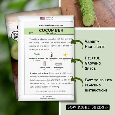 muncher cucumber seed packet features variety highlights helpful growing specs easy to follow planting instructions