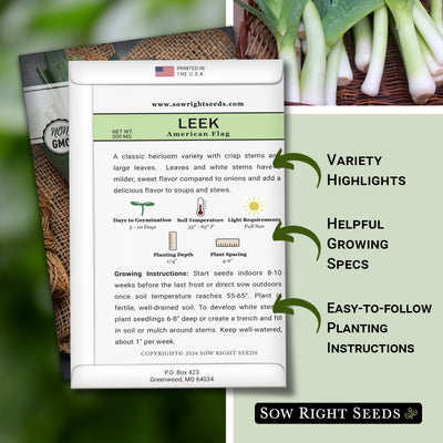 american flag leek seed packet features variety highlights helpful growing specs easy to follow planting instructions