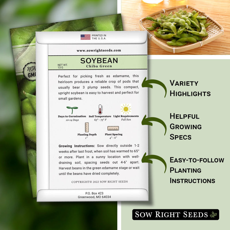 chiba green soybean packet includes variety highlights, helpful growing specs, easy to follow planting instructions