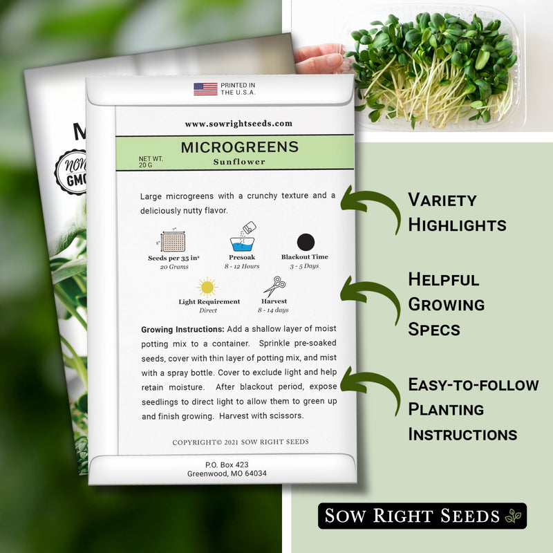 sunflower microgreens packet includes variety highlights, helpful growing specs, easy to follow planting instructions