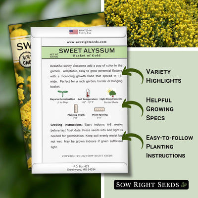 basket of gold sweet alyssum seed packet features variety highlights helpful growing specs easy to follow planting instructions