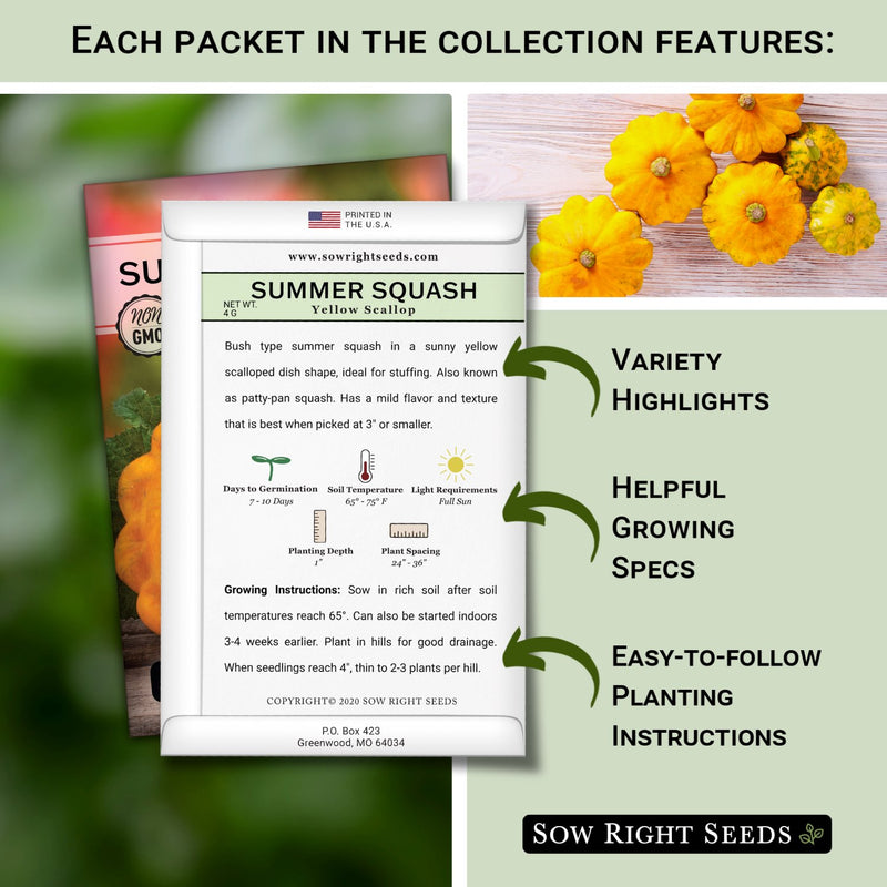 each packet in the summer squash collection features variety highlights, helpful growing specs, easy to follow planting instructions