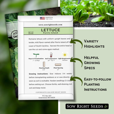 parris island lettuce seed packet features variety highlights helpful growing specs easy to follow planting instructions