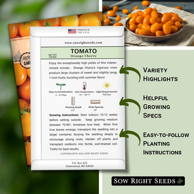 orange cherry tomato seed packet includes variety highlights helpful growing specs easy to follow planting instructions