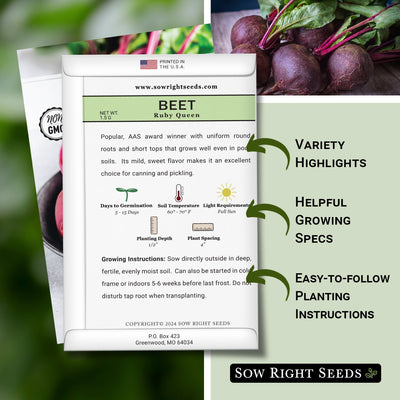ruby queen beet seed packet features variety highlights helpful growing specs easy to follow planting instructions