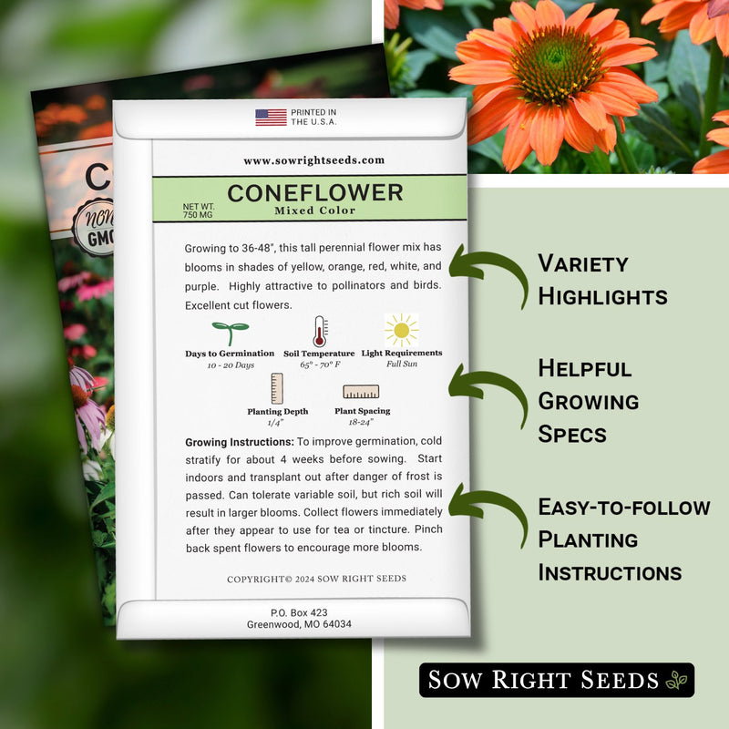 mixed color coneflower seed packet features variety highlights helpful growing specs easy to follow planting instructions