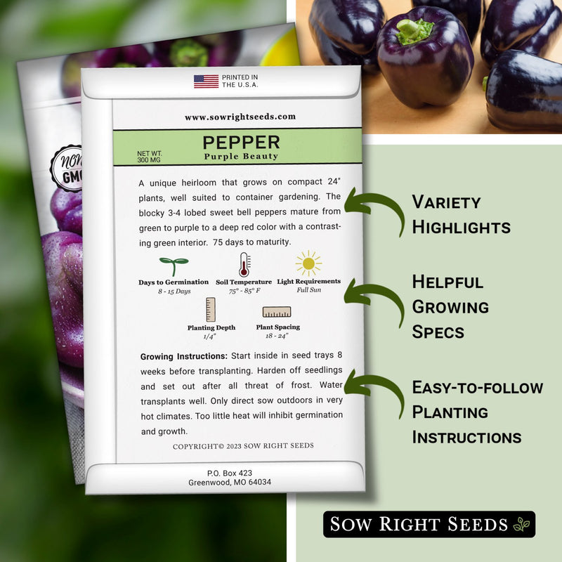 purple beauty pepper seed packet includes variety highlights helpful growing specs easy to follow planting instructions