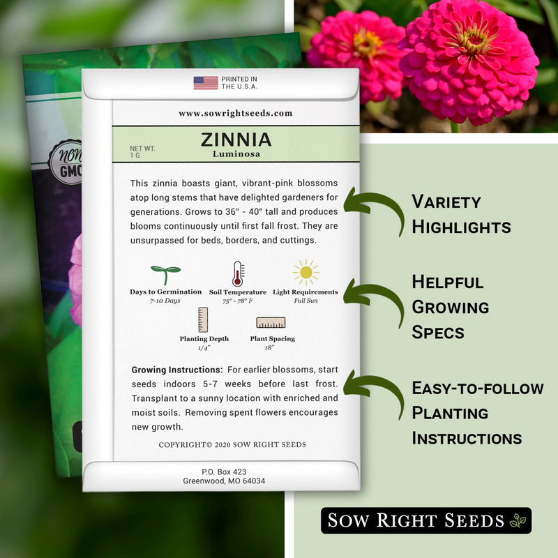 luminosa zinnia seed packet includes variety highlights helpful growing specs easy to follow planting instructions