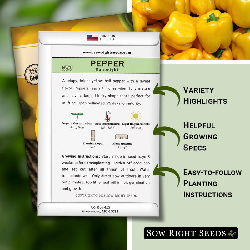 sunbright pepper packet includes variety highlights, helpful growing specs, easy to follow planting instructions