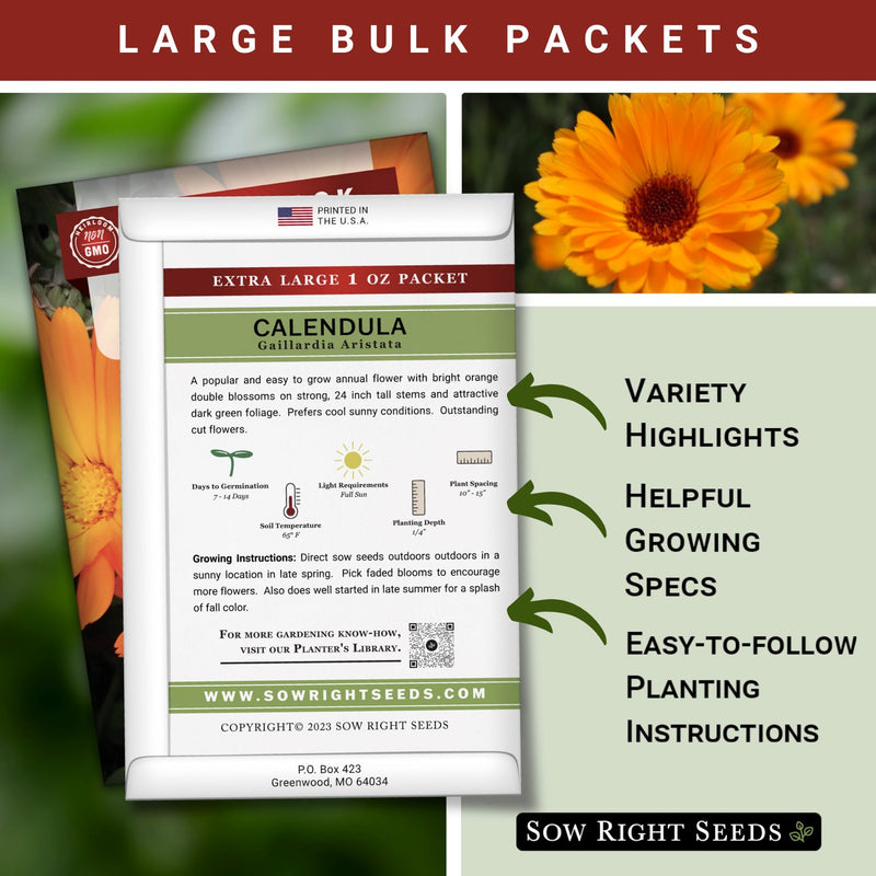 calendula large jumbo bulk seed packet includes variety highlights helpful growing specs easy to follow planting instructions