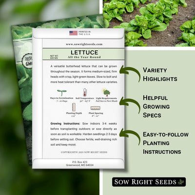 all the year round lettuce seed packet includes variety highlights helpful growing specs easy to follow planting instructions