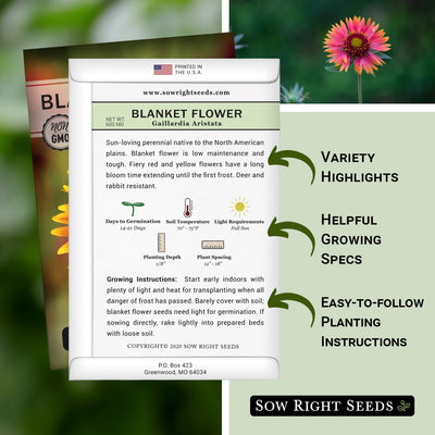 blanket flower packet includes variety highlights, helpful growing specs, easy to follow planting instructions