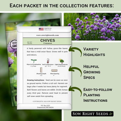 each packet in the five herb seed collection features variety highlights helpful growing specs easy to follow planting instructions