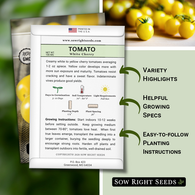 white cherry tomato seed packet includes variety highlights helpful growing specs easy to follow planting instructions