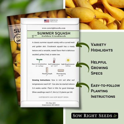 golden crookneck summer squash seed packet includes variety highlights helpful growing specs easy to follow planting instructions