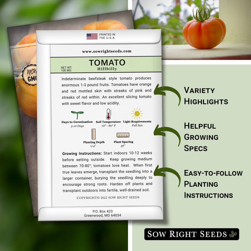 hillbilly tomato seed packet includes variety highlights helpful growing specs easy to follow planting instructions