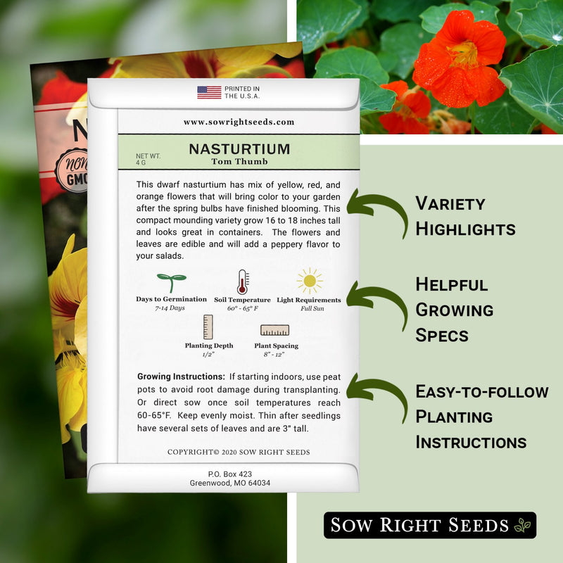 tom thumb nasturtium packet includes variety highlights, helpful growing specs, easy to follow planting instructions