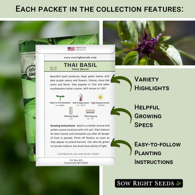 each packet in the six basil seed collection features variety highlights helpful growing specs easy to follow planting instructions