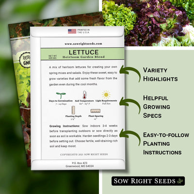 heirloom garden blend lettuce packet includes variety highlights, helpful growing specs, easy to follow planting instructions