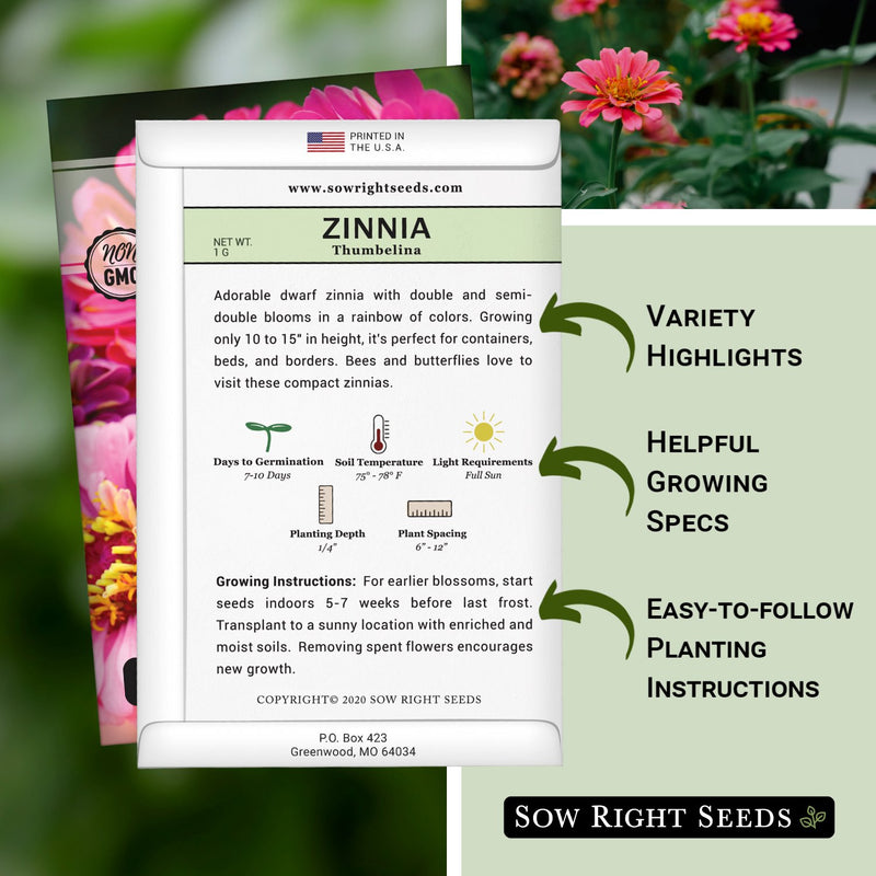 thumbelina zinnia packet includes variety highlights, helpful growing specs, easy to follow planting instructions