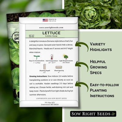 little gem lettuce packet includes variety highlights, helpful growing specs, easy to follow planting instructions