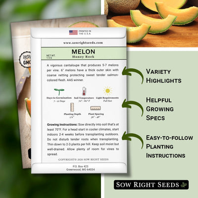 honey rock melon seed packet features variety highlights helpful growing specs easy to follow planting instructions