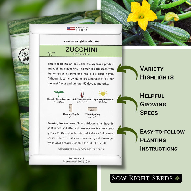 Cocozelle Zucchini Back of Packet Product Description and Growing Instructions