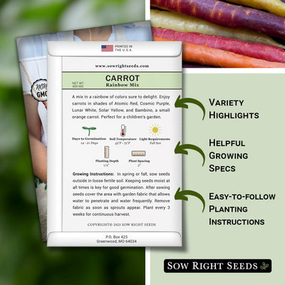 rainbow mix carrot seed packet includes variety highlights helpful growing specs easy to follow planting instructions