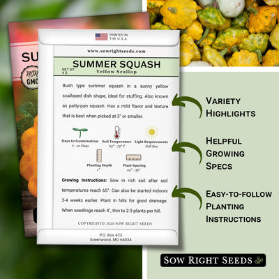 yellow scallop summer squash seed packet includes variety highlights, helpful growing specs easy to follow planting instructions