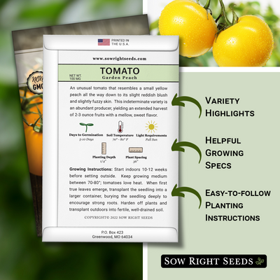 garden peach tomato seed packet includes variety highlights helpful growing specs easy to follow planting instructions