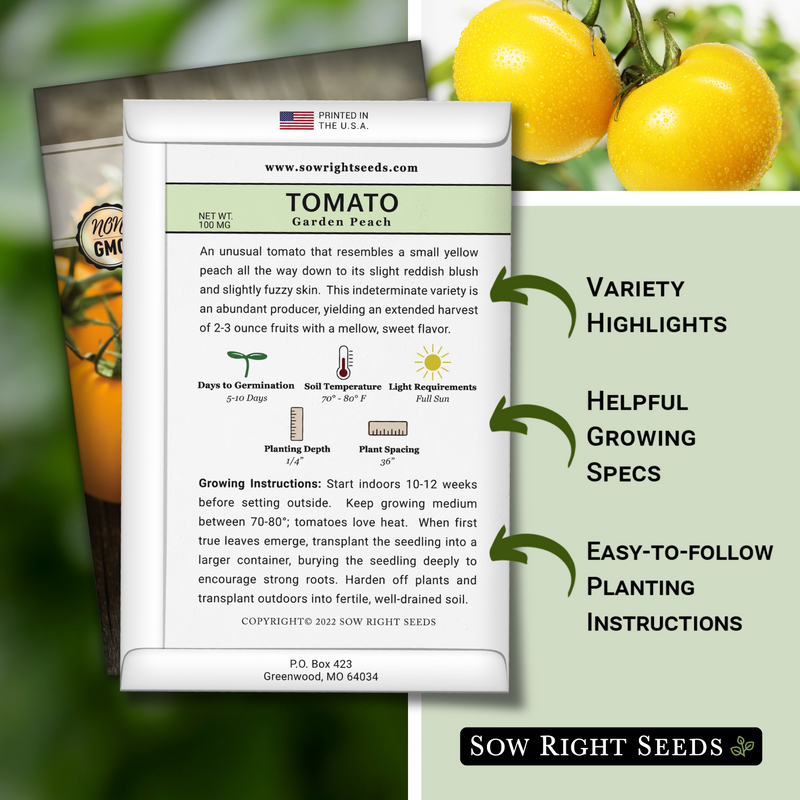 garden peach tomato seed packet includes variety highlights helpful growing specs easy to follow planting instructions