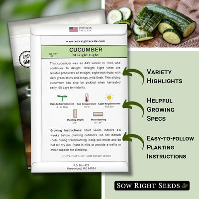 straight eight cucumber seed packet includes variety highlights helpful growing specs easy to follow planting instructions