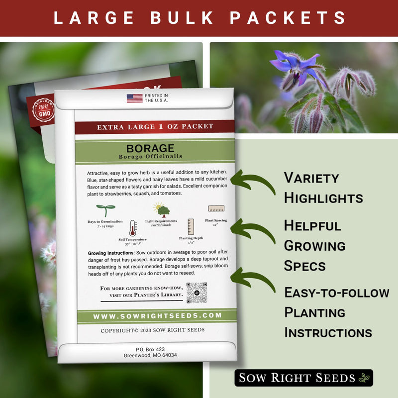 borage large jumbo bulk seed packet includes variety highlights helpful growing specs easy to follow planting instructions