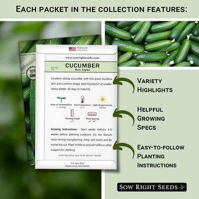 each packet in the cucumber collection features variety highlights, helpful growing specs, easy to follow planting instructions