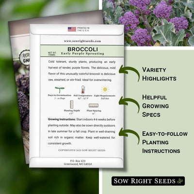 early purple sprouting broccoli seed packet includes variety highlights helpful growing specs easy to follow planting instructions