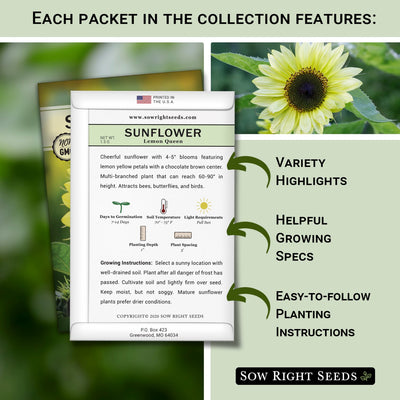 each packet in the large sunflower collection features variety highlights, helpful growing specs, easy to follow planting instructions