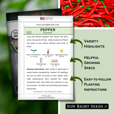 cayenne pepper packet includes variety highlights, helpful growing specs, easy to follow planting instructions