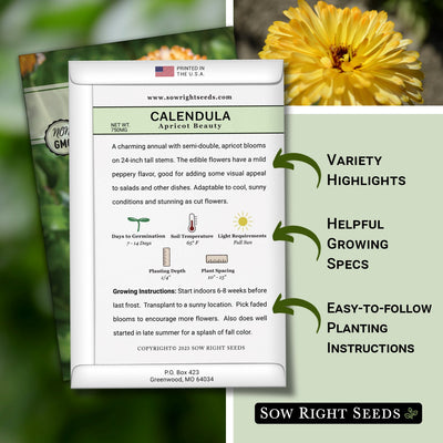 apricot beauty calendula seed packet feature variety highlights helpful growing specs easy to follow planting instructions