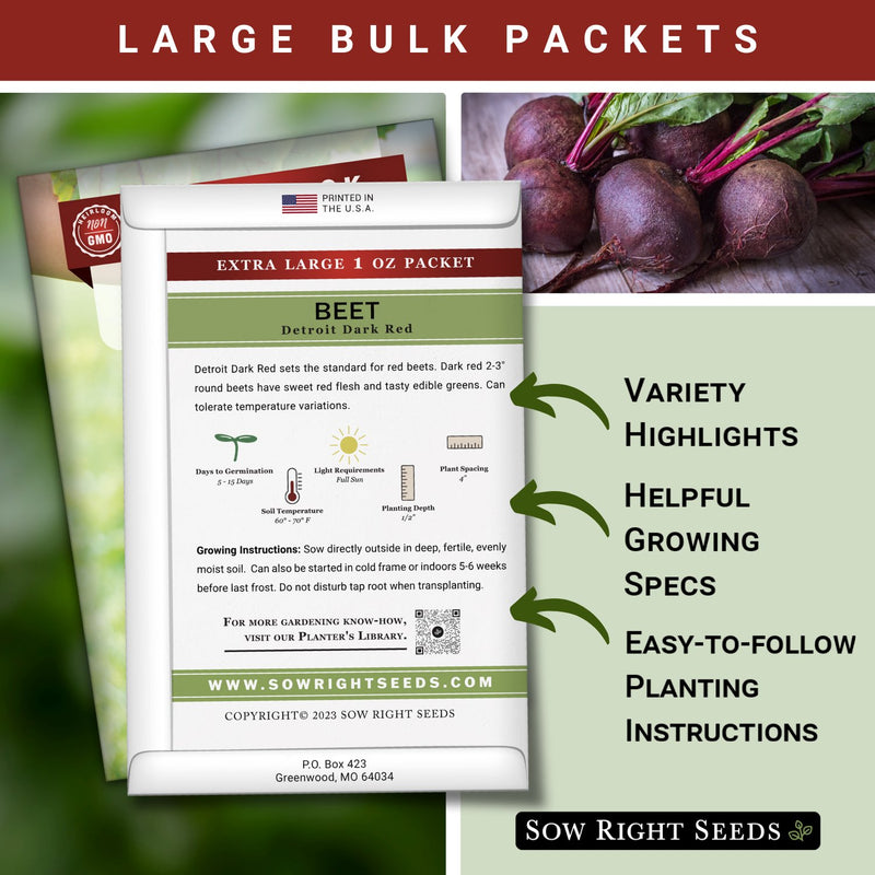 detroit dark red beet large bulk jumbo seed packet includes variety highlights helpful growing specs easy to follow planting instructions